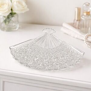 Vintage Daisy & Button Glass Fan Trinket Dish w Handle Relish Candy MCM